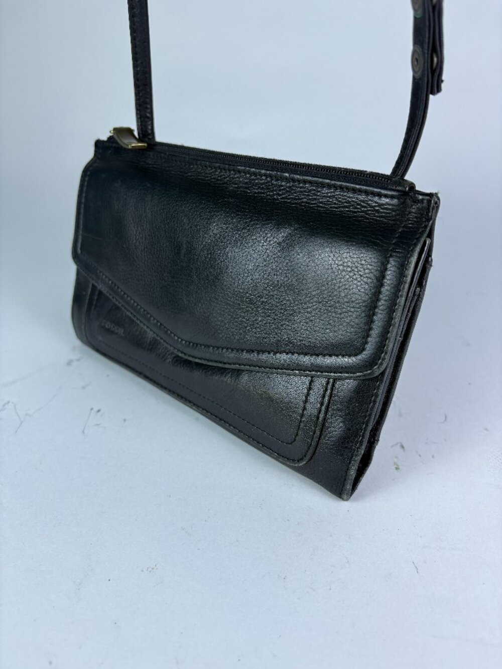 Fossil Black Genuine Leather Crossbody Wallet Organizer Bag Brass Hardware